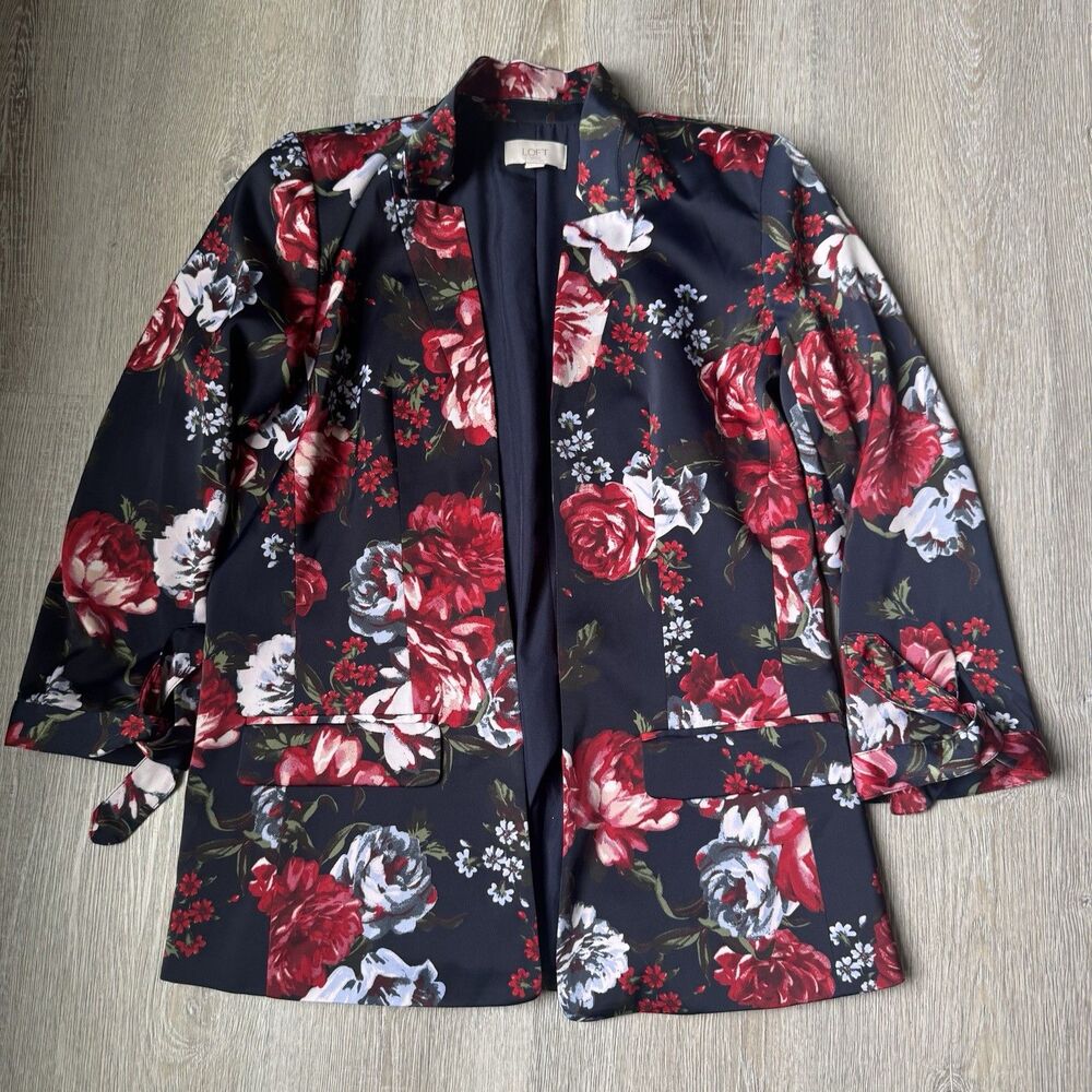 LOFT Outlet Floral Blazer Womens XSmall Petite Pre-Owned Blue Red Rose Tie Cuff